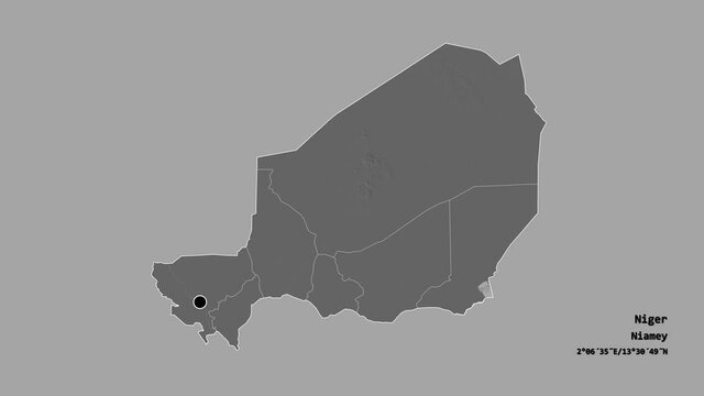 Dosso, department of Niger, with its capital, localized, outlined and zoomed with informative overlays on a bilevel map in the Stereographic projection. Animation 3D