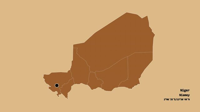 Maradi, department of Niger, with its capital, localized, outlined and zoomed with informative overlays on a solid patterned map in the Stereographic projection. Animation 3D