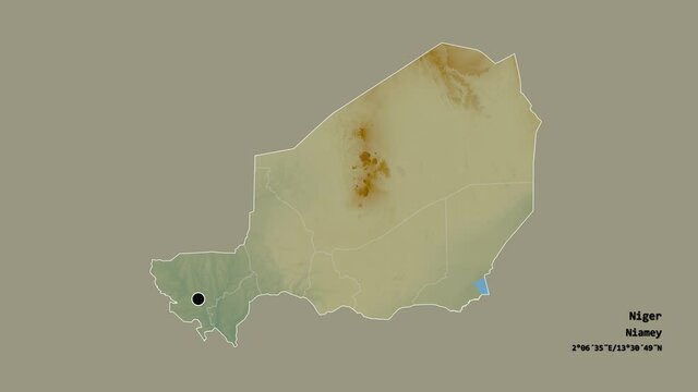Maradi, department of Niger, with its capital, localized, outlined and zoomed with informative overlays on a relief map in the Stereographic projection. Animation 3D
