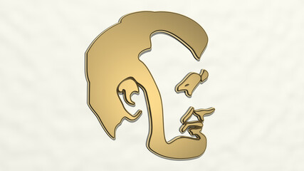 ABRAHAM LINCOLN from a perspective on the wall. A thick sculpture made of metallic materials of 3D rendering. illustration and america