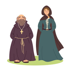 Medieval priest man and woman with dress vector design