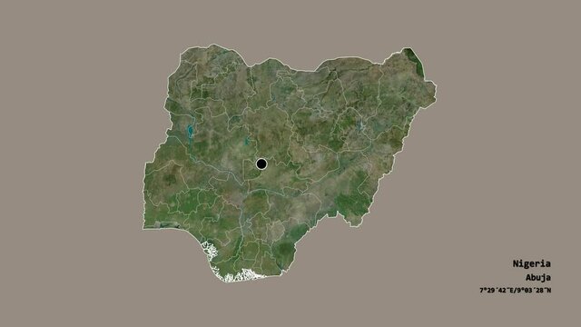 Adamawa, state of Nigeria, with its capital, localized, outlined and zoomed with informative overlays on a satellite map in the Stereographic projection. Animation 3D