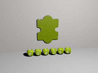 3D representation of PUZZLE with icon on the wall and text arranged by metallic cubic letters on a mirror floor for concept meaning and slideshow presentation. illustration and background