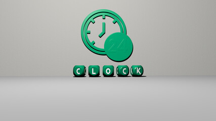 3D illustration of CLOCK graphics and text made by metallic dice letters for the related meanings of the concept and presentations. background and alarm