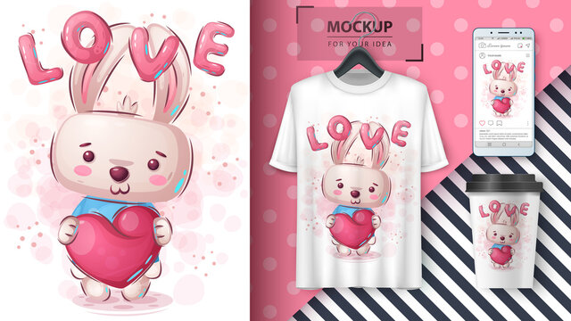Rabbit with heart poster and merchandising.