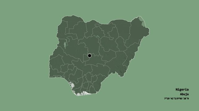 Imo, state of Nigeria, with its capital, localized, outlined and zoomed with informative overlays on a administrative map in the Stereographic projection. Animation 3D