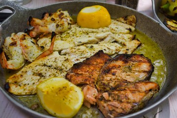 grilled fish, and shrimp