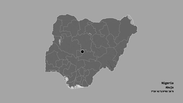 Kogi, state of Nigeria, with its capital, localized, outlined and zoomed with informative overlays on a bilevel map in the Stereographic projection. Animation 3D