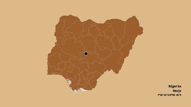 Kogi, state of Nigeria, with its capital, localized, outlined and zoomed with informative overlays on a solid patterned map in the Stereographic projection. Animation 3D