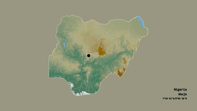 Kogi, state of Nigeria, with its capital, localized, outlined and zoomed with informative overlays on a relief map in the Stereographic projection. Animation 3D