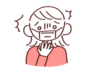 手を顔にあて驚くマスク姿の若い女性