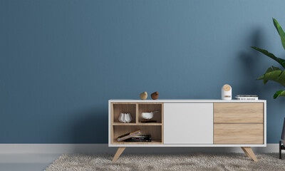 Modern Interior Console white wood Blue Wall Background with plant, 3d render, furniture