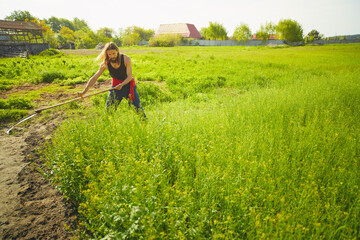 Rural farmer on summer meadow mowing grass with classic scythe. Traditional way of mowing the grass with the scythe.