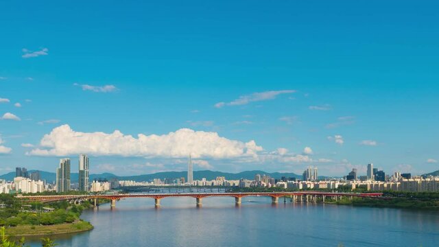 cloudy sky Seoul city South Korea. Hangang River and bridge