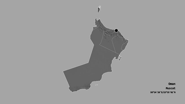 Al Batinah South, region of Oman, with its capital, localized, outlined and zoomed with informative overlays on a bilevel map in the Stereographic projection. Animation 3D