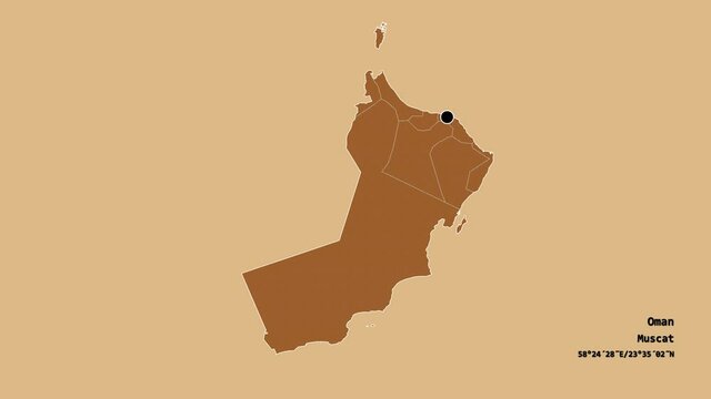 Al Batinah South, region of Oman, with its capital, localized, outlined and zoomed with informative overlays on a solid patterned map in the Stereographic projection. Animation 3D