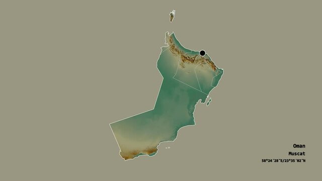 Al Batinah South, region of Oman, with its capital, localized, outlined and zoomed with informative overlays on a relief map in the Stereographic projection. Animation 3D