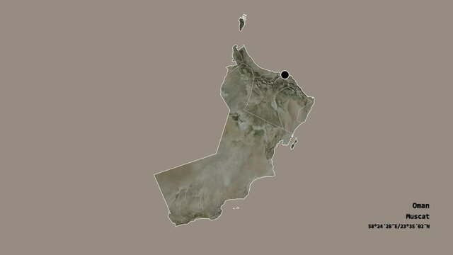 Al Batinah South, region of Oman, with its capital, localized, outlined and zoomed with informative overlays on a satellite map in the Stereographic projection. Animation 3D