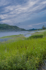 Foggy river shore under clouds