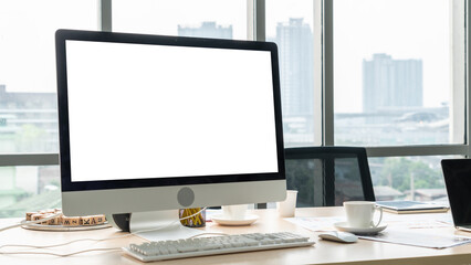 Empty computer monitor screen for design mock up template in modern small office interior or home...