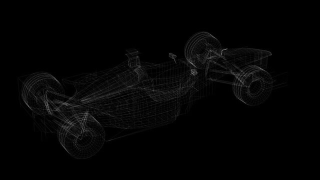 3D wireframe of F1 car rotating on top of an alpha channel