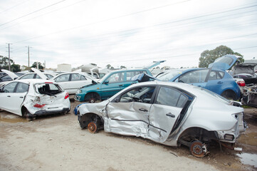 Obraz na płótnie Canvas Melbourne, Victoria / Australia - July 18 2020: Old wrecked cars in junkyard. Car recycling.