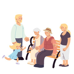 Grandmother grandfather parents and granddaughter on bench vector design