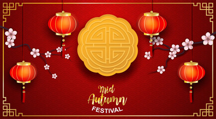 Happy moon cake festival , Chinese Mid Autumn Festival. Design with lamp and moon cake on red background. paper art style background. vector.