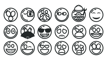 Fototapeta na wymiar Set Of DIfferent Black Line Smile Vector Icon Emoticons Sign Doodle