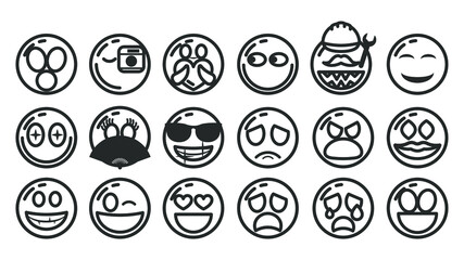Set Of DIfferent Black Line Smile Vector Icon Emoticons Sign Doodle