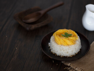 Coconut Milk Thai Mango Sticky Rice Rustic Shot. Street Food Mango Glutinous Rice Dark Food Photography with Copy Space.