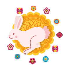 mid autumn festival card with rabbit and lace flat style icon