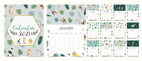 Cute safari calendar 2021 with lion, giraffe, zebra, fox, monkey for children, kid, baby