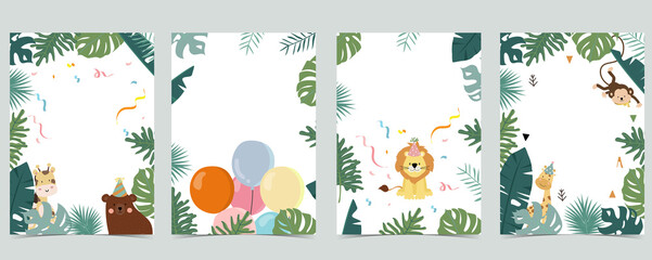 Green collection of safari background set with monkey,bear,giraffe.Editable vector illustration for birthday invitation,postcard and sticker © piixypeach