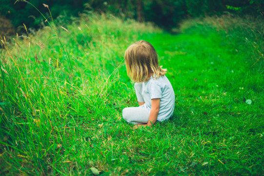 Preschooler boy playing on the grass
