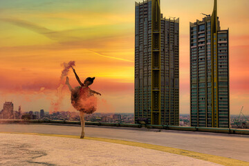 girl street ballet dance on skyscraper rooftop in city