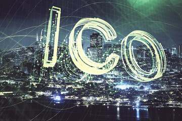 Multi exposure of cryptocurrency theme hologram drawing and city veiw background. Concept of...