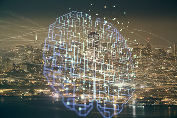 Brain hologram drawing on city scape background Double exposure. Brainstorming concept.