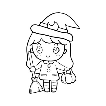 Halloween October festival holiday, cute girl fancy witch with dress. Doodle nursery decoration, black line hand drawn cartoon character for coloring and any design. Vector illustration of kid art.