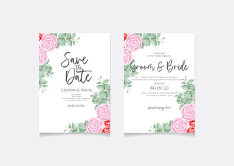 Fototapeta na wymiar Wedding invitation card template with watercolor rose design frame for save the date, invitation, house warming or greeting card. Vector design 