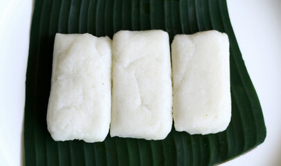 Jadah on banana leaf. Jadah is Indonesian food made from glutinous rice which is pureed.