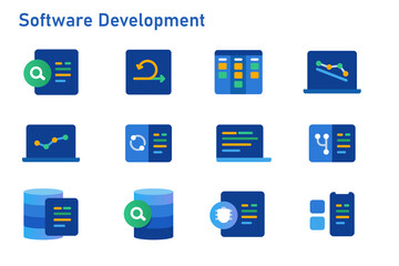 agile methodology software development icon set collection of code programming using sprint kanban board and burn down chart