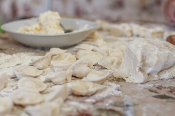The process of making homemade dumplings with cottage cheese in the village