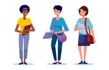 Happy group of students  different race standing together isolated on  white background. Smiling young people with bags and books. Vector illustration in flat style.  Education and youth concept
