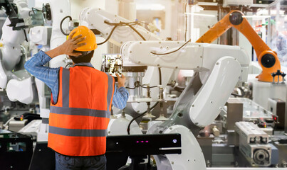 Engineering controlling machinery and industrial robots of things technology man using for control