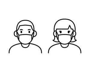 a man and woman wear a mask icon. 
People wearing protective surgical mask. Concepts of coronavirus outbreak. Covid-19 Notice Safety sign silhoutte Vector illustration. Design white background EPS10