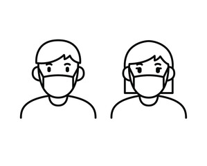 a man and woman wear mask icon. 
People wearing protective surgical mask. Concept of coronavirus disease  quarantine Covid-19 Notice Safety sign line Vector illustration Design white background EPS10