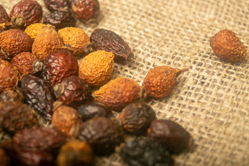 Dried rosehip fruits scattered on a homespun fabric with a rough texture. Close up.