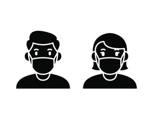 a man and woman wear a mask icon. 
People wearing protective surgical mask. Concepts of coronavirus quarantine. Covid-19 Notice Safety sign solid Vector illustration Design white background EPS10