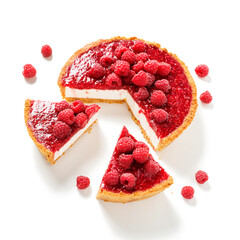 Tart , pie , cake with jellied fresh raspberries ( no bake cheesecake)  isolated on white background